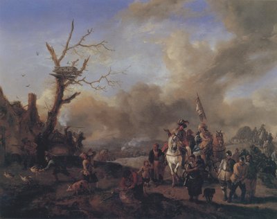Approaching Troop of Soldiers with Sutlers and Children, Plundering a Farmstead by Philips Wouwerman